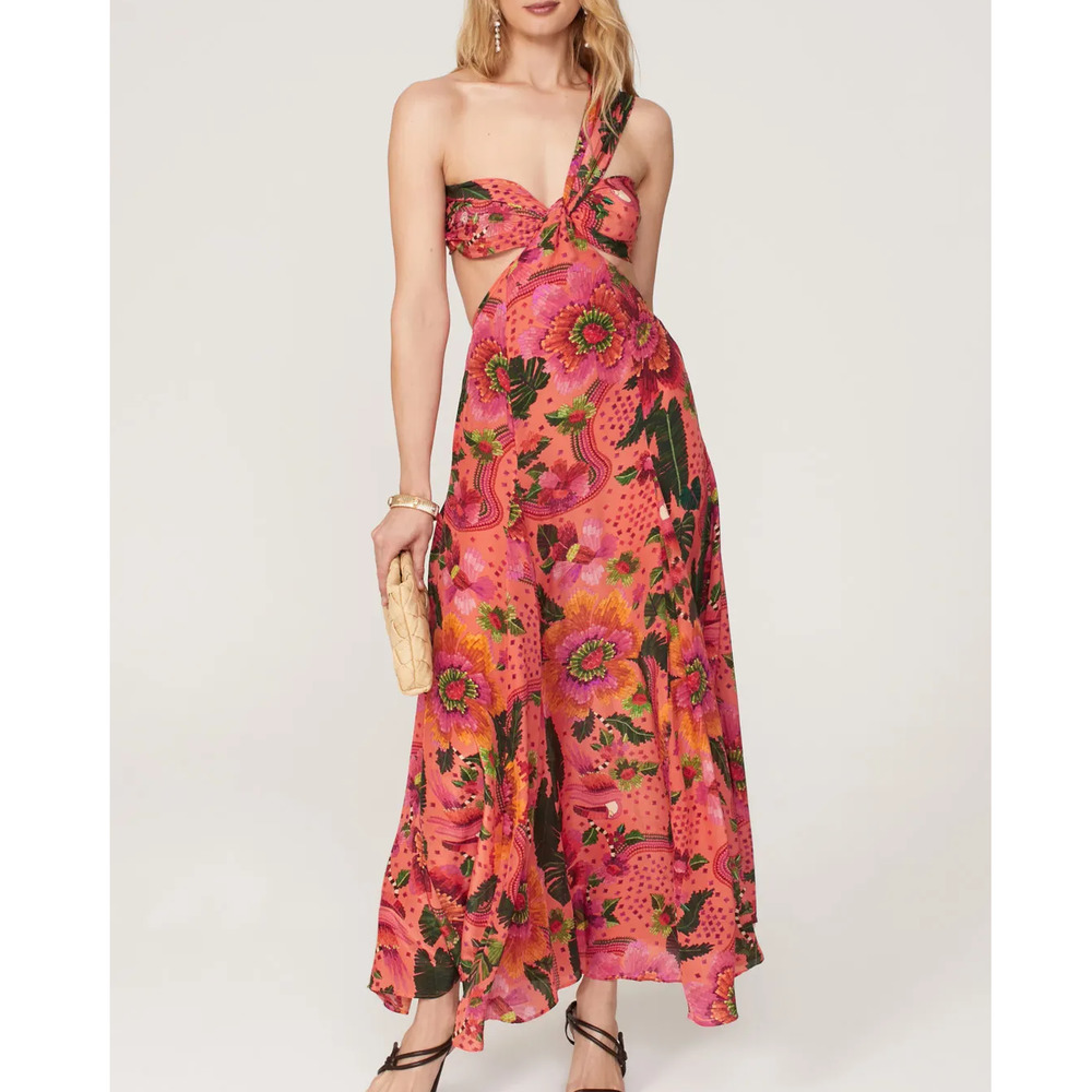 Farm Rio Floral Blooming Garden One Shoulder Maxi Dress Orange Womens Size Small